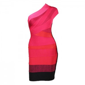 Sloping Shoulder Noble Style Color Block Polyester Bandage Dress For Women